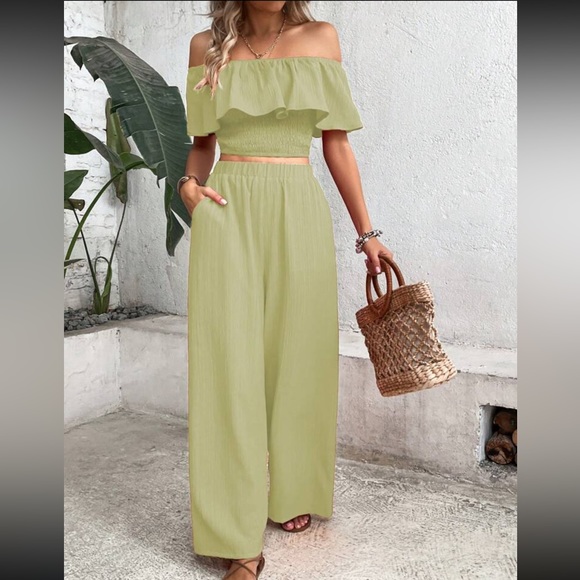 Boho off shoulder crop top and wide leg pants